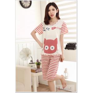 ชุดนอนแขนสั้นน่ารัก ลายแมวเหมียวลายทาง (L,XL)