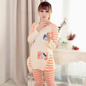ชุดนอนสไตล์เกาหลี สีส้มลายทาง แมวเหมียว น่ารักสดใส