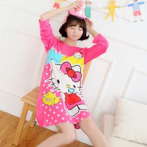 ชุดนอนกระโปรงแขนยาว ลายคิตตี้ สีชมพู