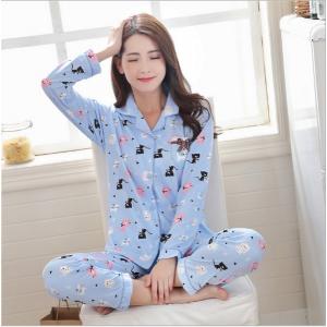 ชุดนอนผู้หญิงแขนยาว กระดุมหน้า เสื้อคอปก ลายเจ้าเหมียว ปังมาก