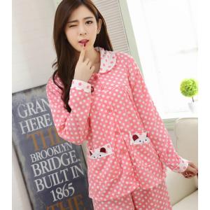 ชุดนอนผู้หญิง ลายจุด เสื้อแขนยาวกระดุมหน้า น่ารักสไตล์เกาหลี