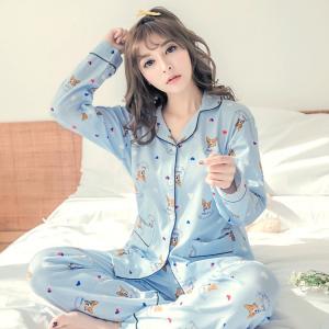 ชุดนอนแขนยาว แบบกระดุมหน้า แฟชั่นเกาหลี ลายน้องหมา ผ้านิ่มยืดหยุ่นดี พร้อมส่ง