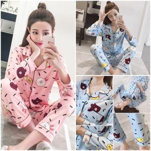 ชุดนอนแขนยาวขายาว ผ้าคอตตอน เสื้อกระดุมหน้า การ์ตูนไลน์ สไตล์เกาหลี ใส่สบาย Free Size