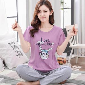 ชุดนอนแขนสั้น กางเกงขายาว ลายกระต่ายสุดแบ้ว น่ารัก ผ้านุ่ม