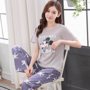 ชุดนอนแขนสั้น กางเกงขายาว ลายมิกกี้ ผ้า Cotton 100% ใส่สบาย