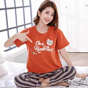 ชุดนอนแขนสั้น กางเกงขายาว ลายน้องหมีสีส้มสด ผ้านุ่ม สวมใส่สบาย ไม่ร้อน