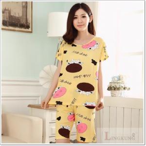 ชุดนอนแขนสั้นน่ารัก ลายวัว สีเหลือง ฟรีไซส์